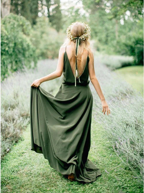 Vestido de novia para invitada/Vestido de dama de honor de gasa verde oscuro con tirantes finos, espalda descubierta y cola larga/Vestido formal